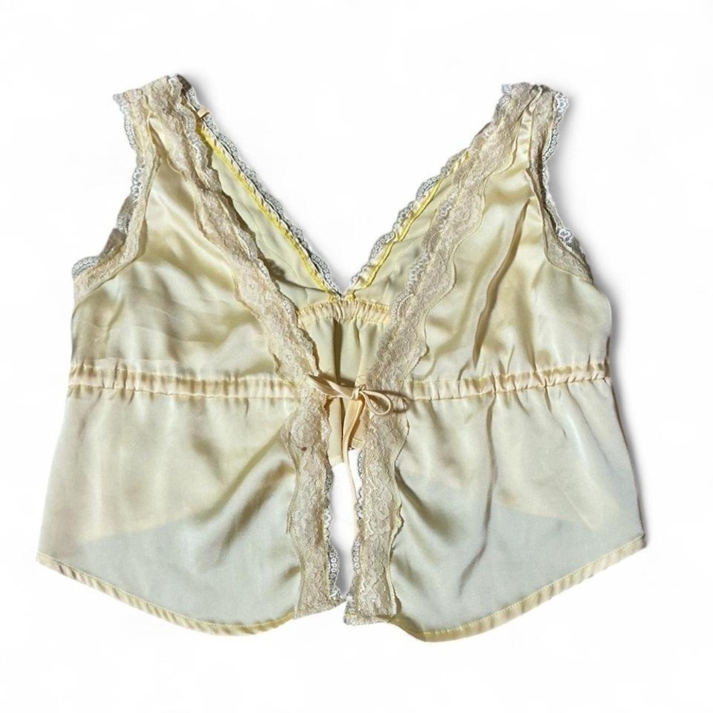 Yellow‎ Satin Coquette Lace Trim Tie Front Camisole Top C1XCK5KXQR Size M